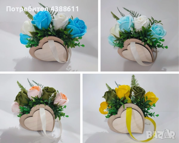 Кошничка сърце с гравирано лично послание и сапунени рози, снимка 3 - Изкуствени цветя - 53425262