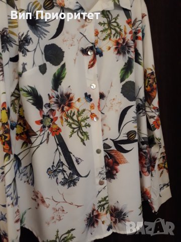 Бяла риза с пъстър принт, дълъг ръкав, официална, коприна, със закопчаване отпред, снимка 7 - Ризи - 37408068