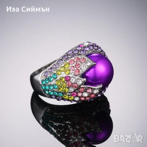 Сребърен пръстен с оцветена перла и множество камъни, снимка 4 - Пръстени - 32502539