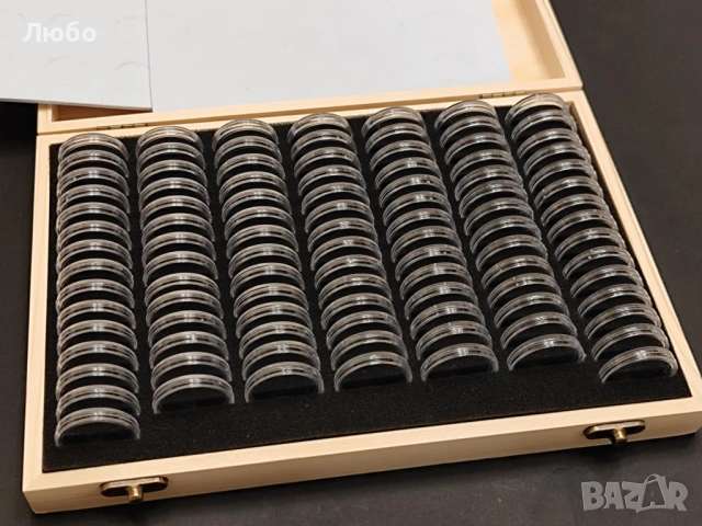  Дървена кутия за 100 бр. монети с капсули и уплътнители, снимка 8 - Нумизматика и бонистика - 49502896