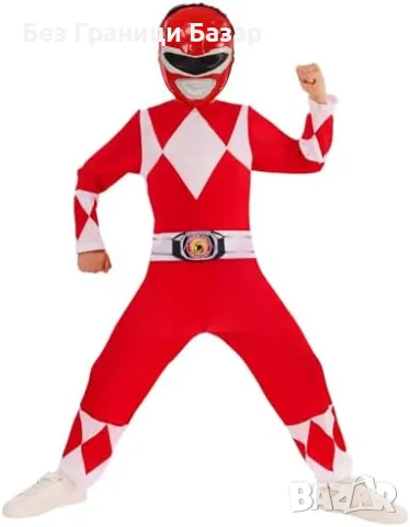Нов Лицензиран детски костюм Power Rangers Червен Рейнджър за деца 7г