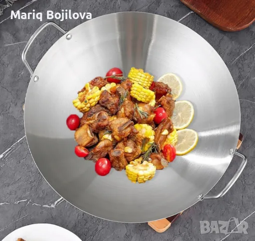 Желязна уок тенджера с двойни уши от неръждаема стомана с кръгло дъно, снимка 3 - Съдове за готвене - 48499452