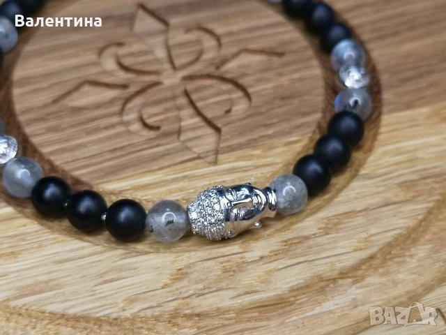 Мъжка/дамска гривна със сребърни елементи Буда с цирконий, лабрадорит, оникс, снимка 1
