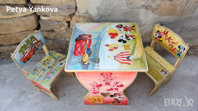 детска дървена рисувана маса с 2 стола, снимка 12 - Мебели за детската стая - 19579536