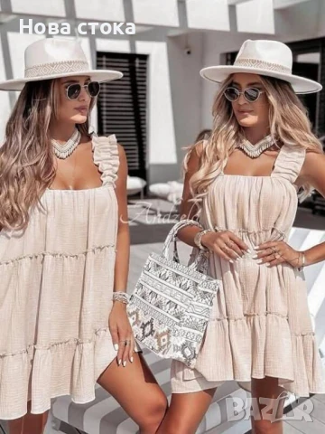 Свободна лятна рокля в Бяло и Бежово, снимка 3 - Рокли - 50892637