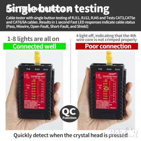 Нов Тестер за мрежови кабели NOYAFA NF-468S, LAN, PoE, RJ45 Ethernet, снимка 3 - Друга електроника - 49507527