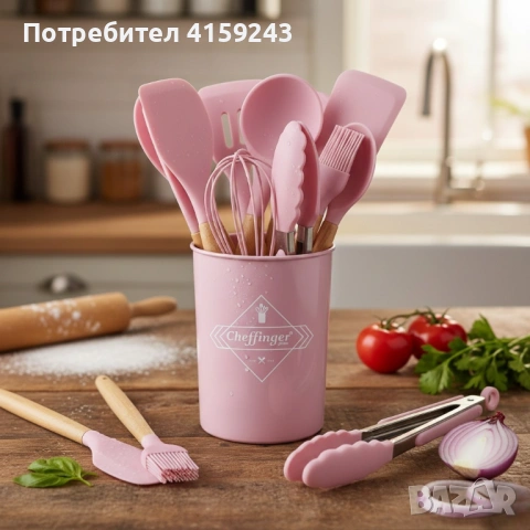 Комплект 12 части кухненски прибори със стойка Cheffinger – силиконови накрайници, дървени дръжки, т, снимка 4 - Прибори за хранене, готвене и сервиране - 53180635