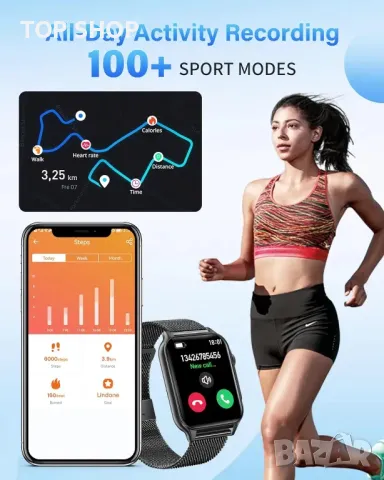 Смарт часовник за Android/IOS, фитнес тракер, отговор/осъществяване на повикване, водоустойчив-черен, снимка 4 - Смарт часовници - 49937961