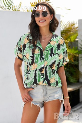 Дамска риза с къс ръкав и тропически принт, снимка 4 - Ризи - 40518141