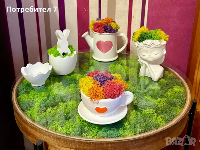 Дървени и керамични кашпи със скандинавски мъх, снимка 2 - Декорация за дома - 42663771