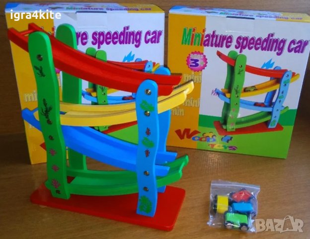 НАМАЛЕНА ЦЕНА! цветна дървена писта на четири нива + четири колички НОВО!, снимка 3 - Образователни игри - 35104352