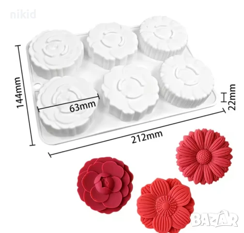 6 бр голямо едро цвете силиконов молд форма за шоколад сапун гипс свещ кексчета мъфини, снимка 4 - Форми - 50810410