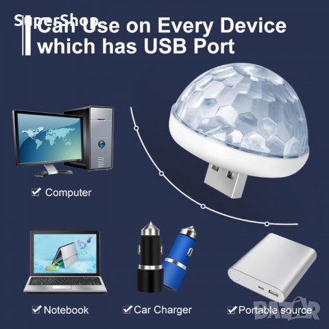 Уникална RGB LED USB Крушка за кола автомобил Powerbank цветомузика, снимка 5 - Аксесоари и консумативи - 32553004