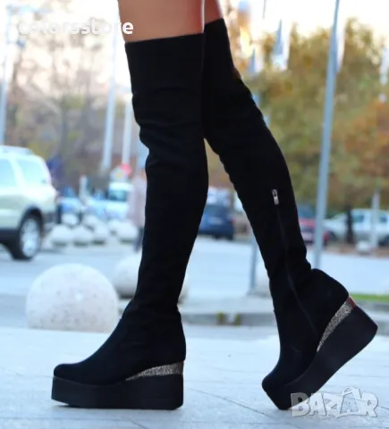 Ботуши на платформа - черен велур и брокат - 122K