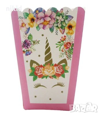 Unicorn Еднорог бял с цветя Парти кутия за дребни лакомства пуканки и др, снимка 2 - Други - 26812351