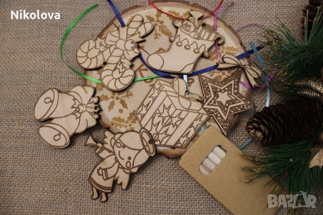 Сет от 6 коледни фигурки за оцветяване с цветни моливи – творчески комплект, снимка 2 - Други - 52276454