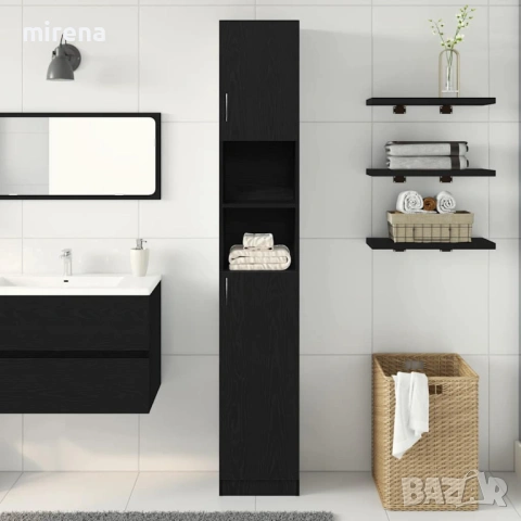 Шкаф за баня, черно, 32x25,5x190 см, инженерно дърво, снимка 3 - Шкафове - 53192178