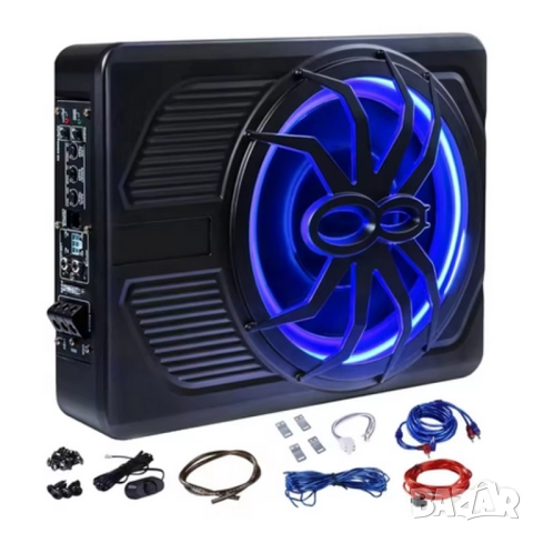 Компактен 10” автомобилен 800W(peak) активен субуфер със синя амбиентна подсветка 