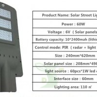Соларна лампа 20W,40W,60W, 90 W - LED  с pir датчик за движение, IP65 + дистанционно, снимка 3 - Лампи за стена - 26321277