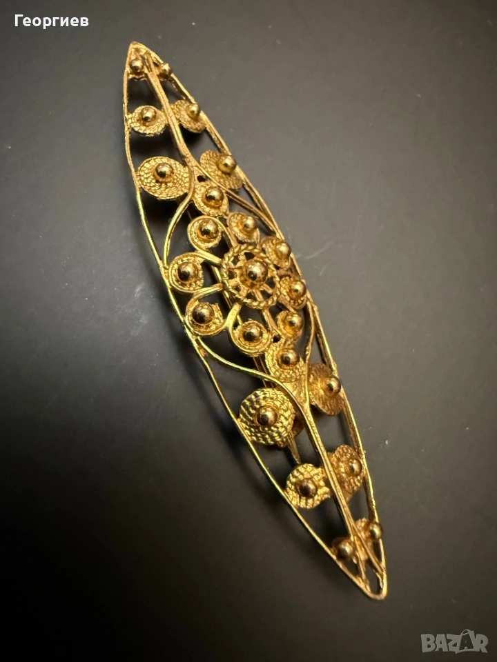 Антикварна филигранна брошка – сребро, златна позлата, снимка 1