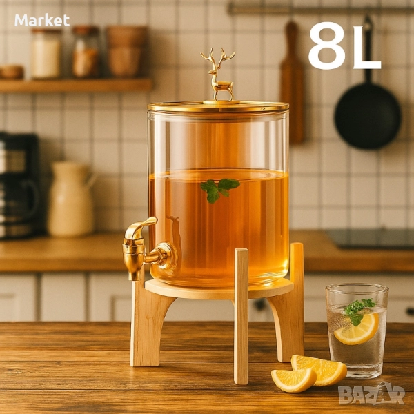 Голям диспенсър за напитки 8L с дървена стойка и златист кран, снимка 1