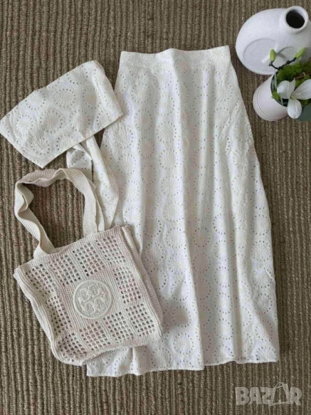 дамски комплект от перфориран памук бюстие и пола с висока талия с дантелен акцент , снимка 1