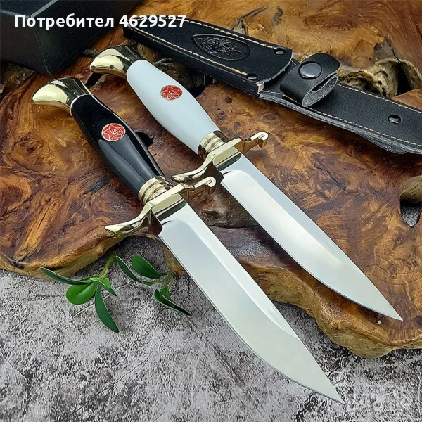 Руски нож ФИНКА, стомана 440C, кожена кания за колан, Черен/Бял, снимка 1