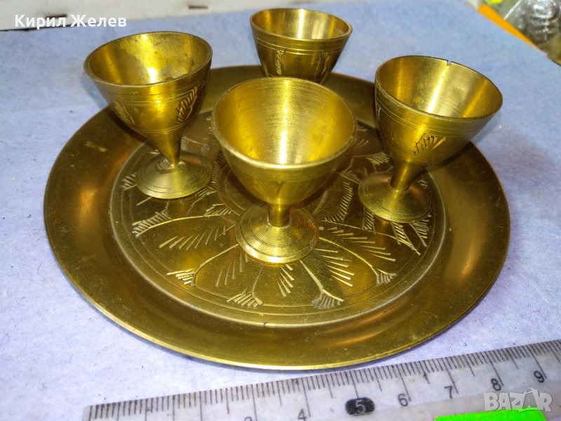 СТАР КРАСИВ ОРИЕНТАЛСКИ СТИЛ БРОНЗОВ СЕРВИЗ 4 ЧАШКИ с ПОДНОС Ръчно МАЙСТОРСКИ ОРНАМЕНТИРАНИ 42698, снимка 1