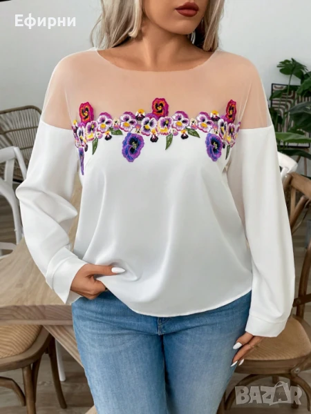 Бяла блуза с бродерия, Блуза на цветя, снимка 1