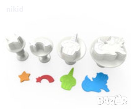 4 бр Еднорог UNICORN дъга пластмасови резци форми бутало резец форма пластмасови с релеф фондан, снимка 1