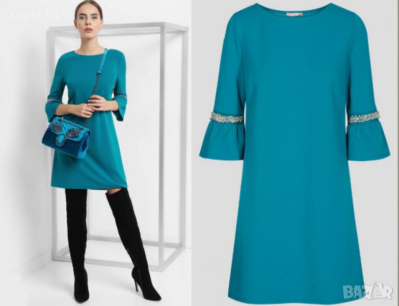 Рокля/Туника в цвят тюркоаз с перлички по ръкавите , снимка 1