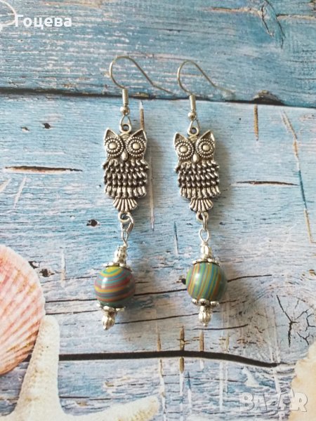 Красиви обици с камъни Малахит и медальони бухалчета в цвят сребро , снимка 1