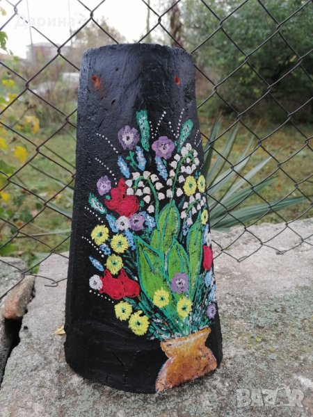 Ръчно рисувана керемида- ваза с цветя, снимка 1