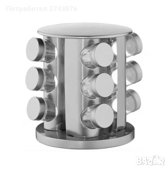  СТОЙКА ЗА ПОДПРАВКИ-КРЪГЛА, 12 БР. БУРКАНЧЕТА, 3 НИВА, ВЪРТЯЩА СЕ ОСНОВА,СРЕБРИСТ, снимка 1
