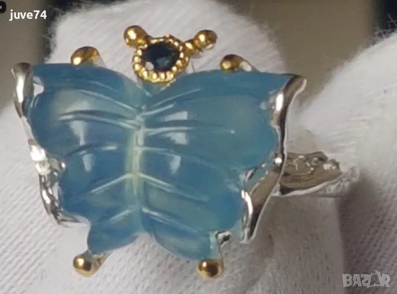 СРЕБЪРЕН ПРЪСТЕН-ПЕПЕРУДА С АКВАМАРИН И САПФИР, снимка 1