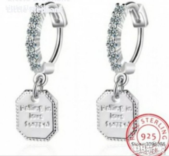 -100 лв Sale Сребърни висящи обеци с надписи"Falling in love for real"/нови, снимка 1