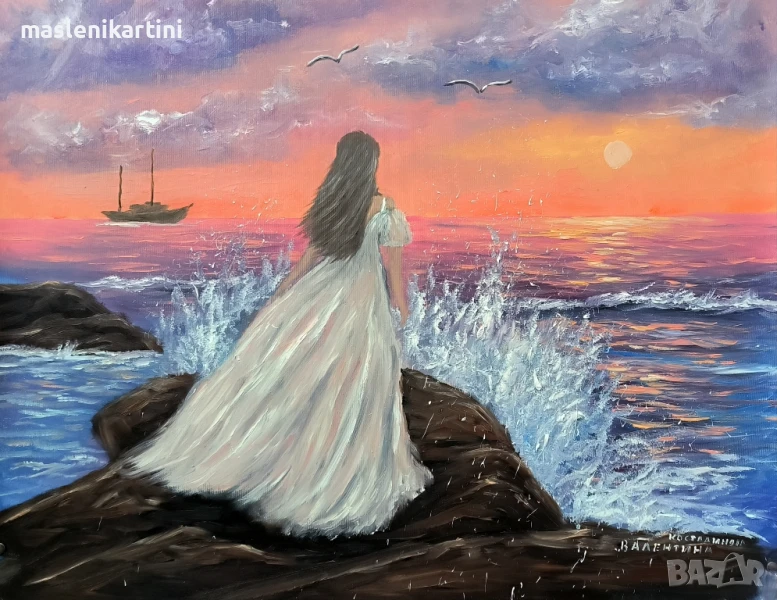 морски залез и жена маслена картина , снимка 1