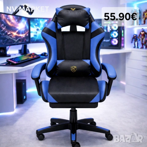 Геймърски стол с масажна функция, лумбална възглавница и поставка за крака – Черен-златист, снимка 3 - Други стоки за дома - 51415813