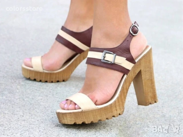 Сандали на ток - бежово с кафяво ЕСТЕСТВЕНА кожа - 701

