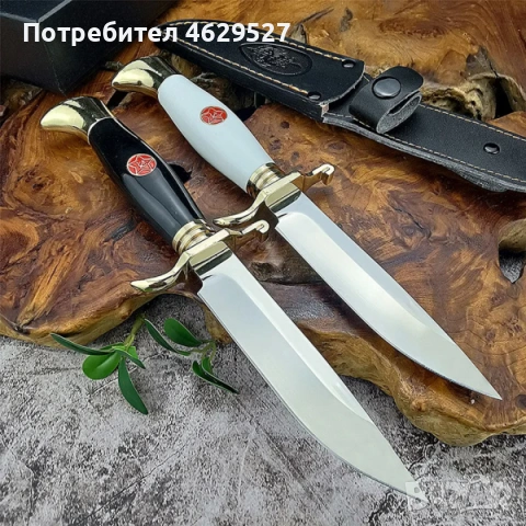 Руски нож ФИНКА, стомана 440C, кожена кания за колан, Черен/Бял