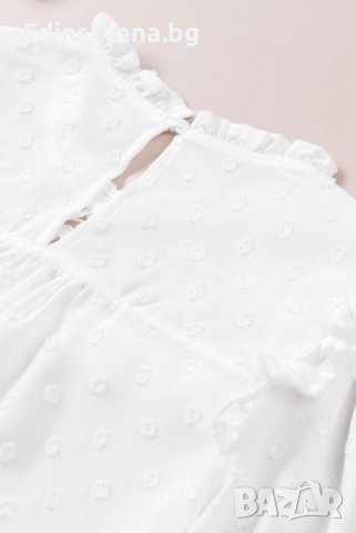 Дамска елегантна блуза в бяло с принт на точки и ефектно бродирано деколте, снимка 8 - Блузи с дълъг ръкав и пуловери - 39890805