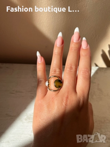 Дамски пръстен в златен цвят с перла и камък тигрово око ❤️, снимка 2 - Пръстени - 52247695