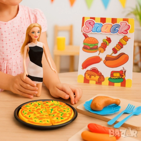 Детски комплект „Snack Time“ с кукла и играчки храна