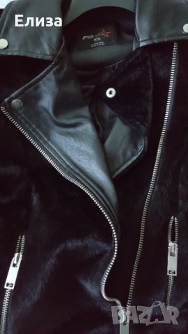 Кожено яке рокерия с еко косъм като пухен елек FB Sister XS, снимка 5 - Якета - 32803943