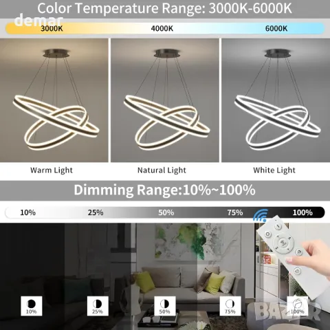 Модерен LED полилей Fordeson, 2 пръстена, димиране, SX-40+60см, снимка 3 - Лед осветление - 47763071