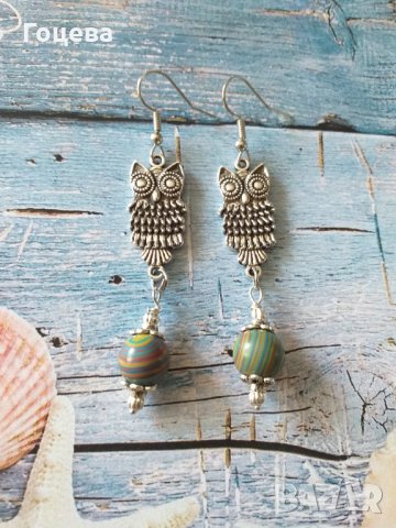 Красиви обици с камъни Малахит и медальони бухалчета в цвят сребро , снимка 1