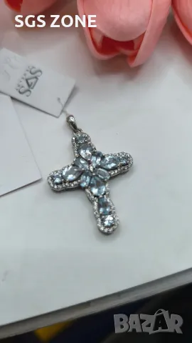 Сребърен Кръст с Естествени Топази Light Blue 🩵, снимка 4 - Колиета, медальони, синджири - 49891773