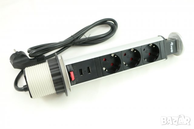 USB разклонител за вграждане, плот, потъващ разклонител 2 порта, 3 гнезда, Германия