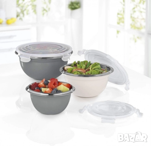 Комплект GOURMETmaxx купи от неръждаема стомана с капаци – 3 в 1 за съхранение и свежест, снимка 6 - Кутии за храна - 52018117