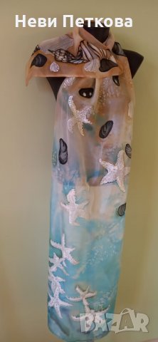 Рисуван копринен шал СТЪПКИ В ПЯСЪКА , снимка 4 - Шалове - 33506184